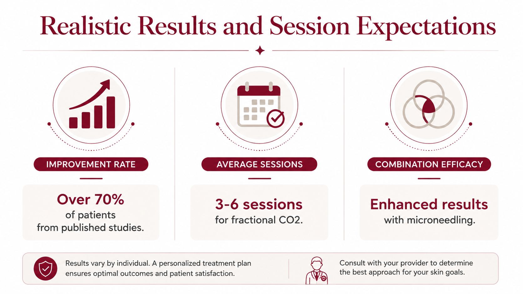 An infographic detailing realistic expectations for fractional CO2 laser treatments for stretch marks including sessions and efficacy.