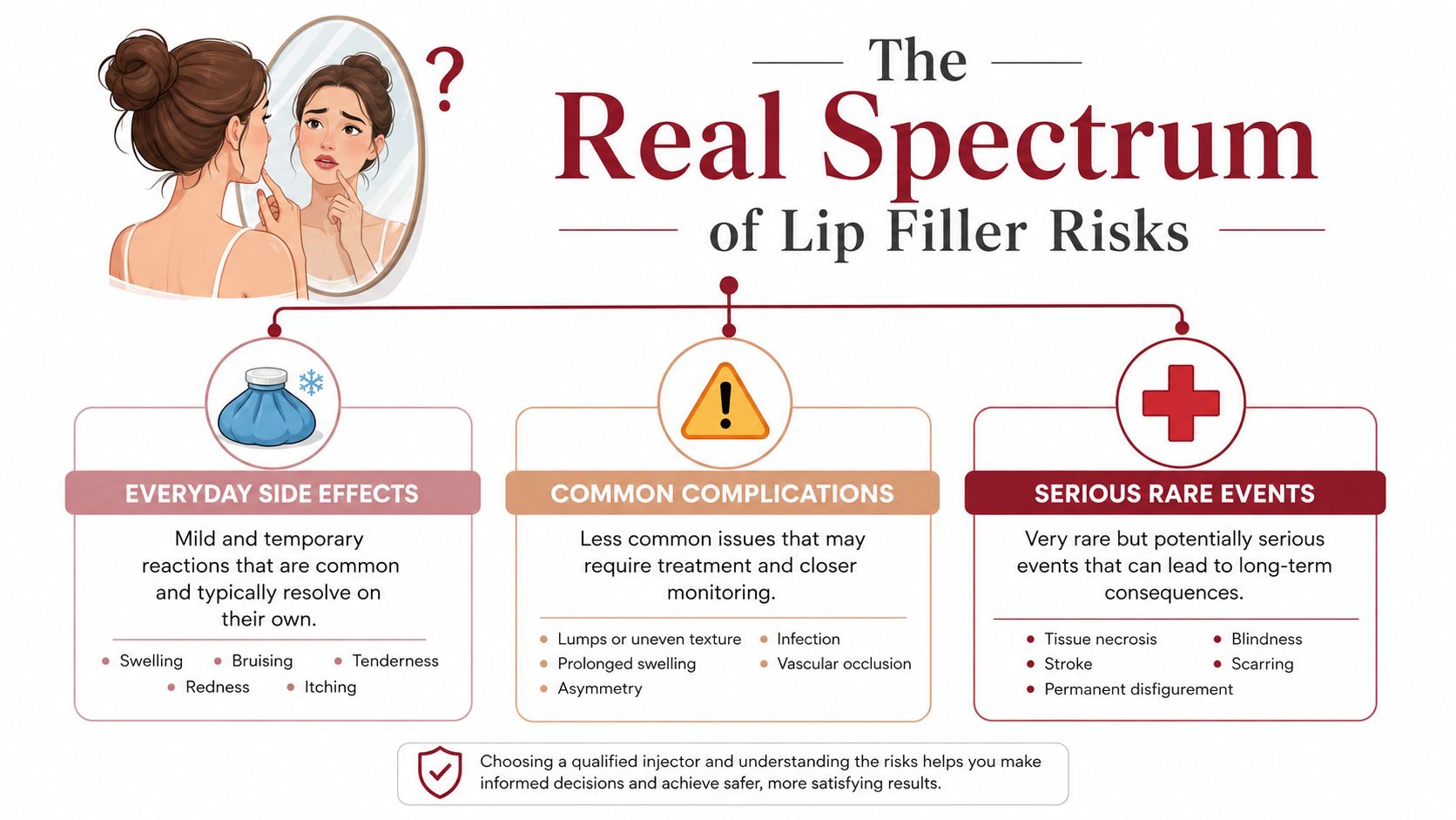 An infographic titled The Real Spectrum of Lip Filler Risks, detailing common side effects, complications, and rare events.