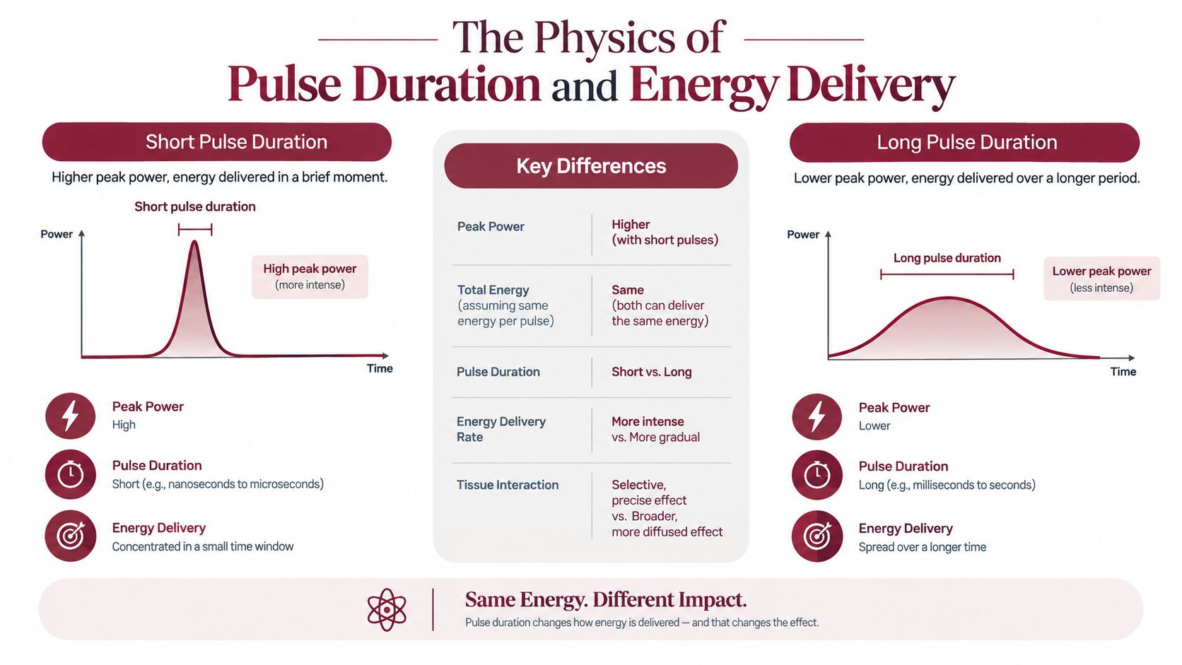 A comparison chart showing how short and long pulse durations affect peak power and energy delivery in lasers.