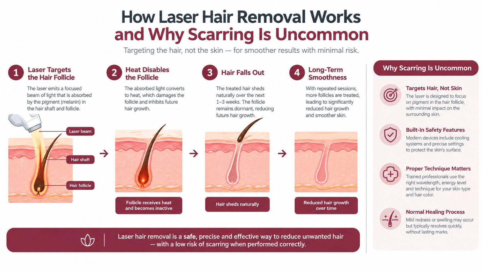 A four-step infographic explaining how laser hair removal works and why scarring is uncommon.