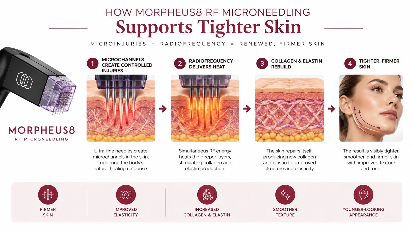 An infographic illustrating how Morpheus8 RF microneedling treatment creates micro-injuries and uses heat to tighten skin.