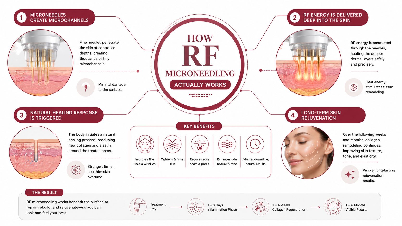 An infographic detailing how RF microneedling works by creating microchannels, delivering heat, and stimulating natural skin rejuvenation.