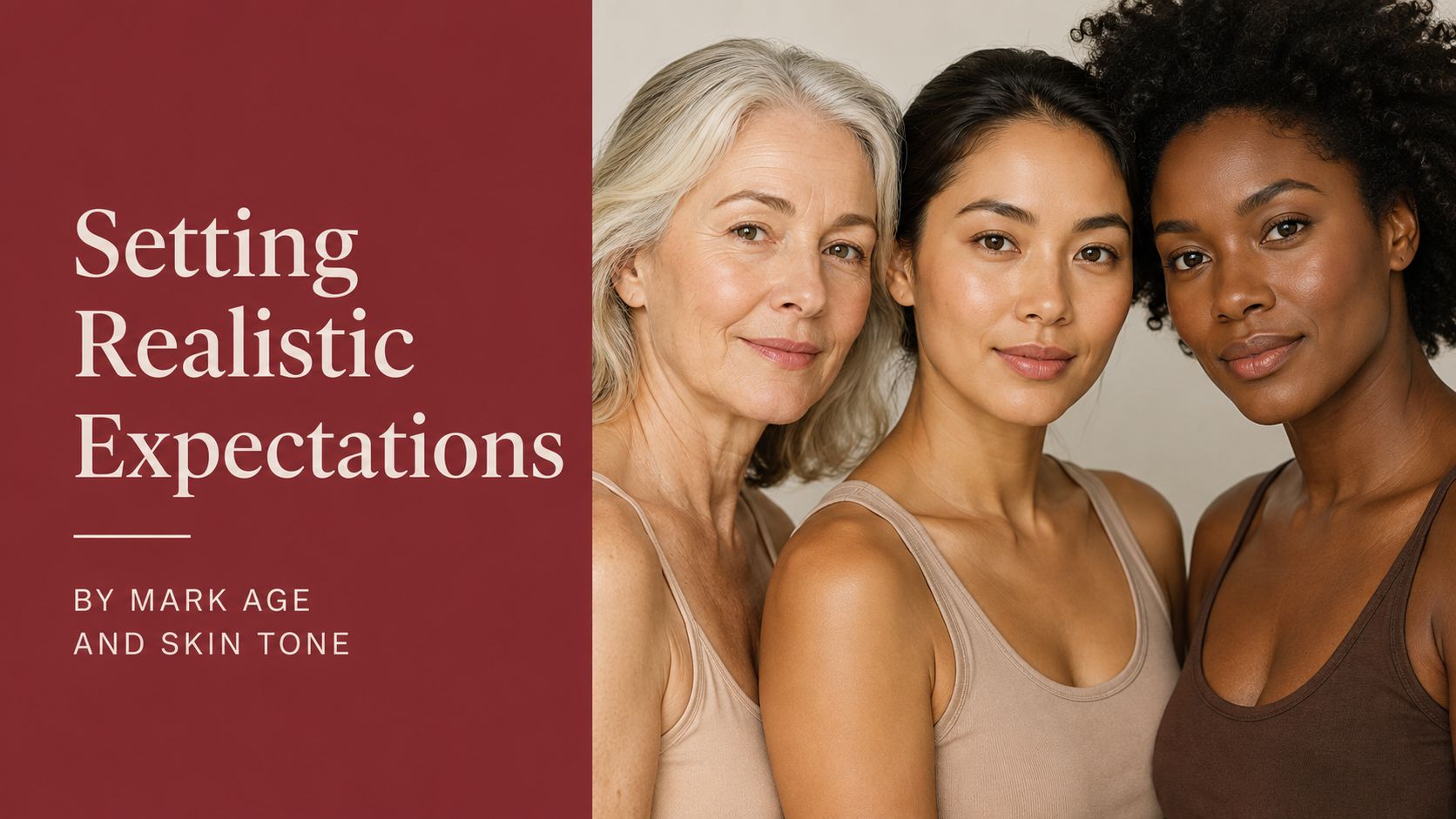 Three women of diverse ages and skin tones posing together for a beauty and skincare portrait.