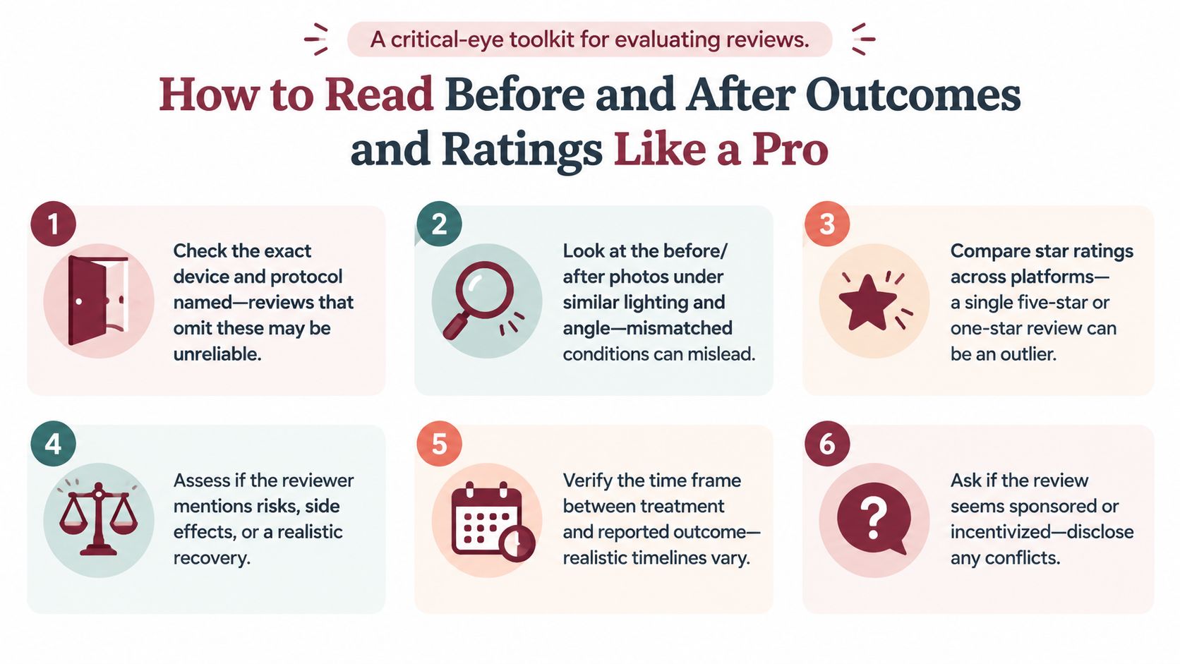 A six-step infographic guide on how to critically evaluate cosmetic treatment reviews and before and after photos.