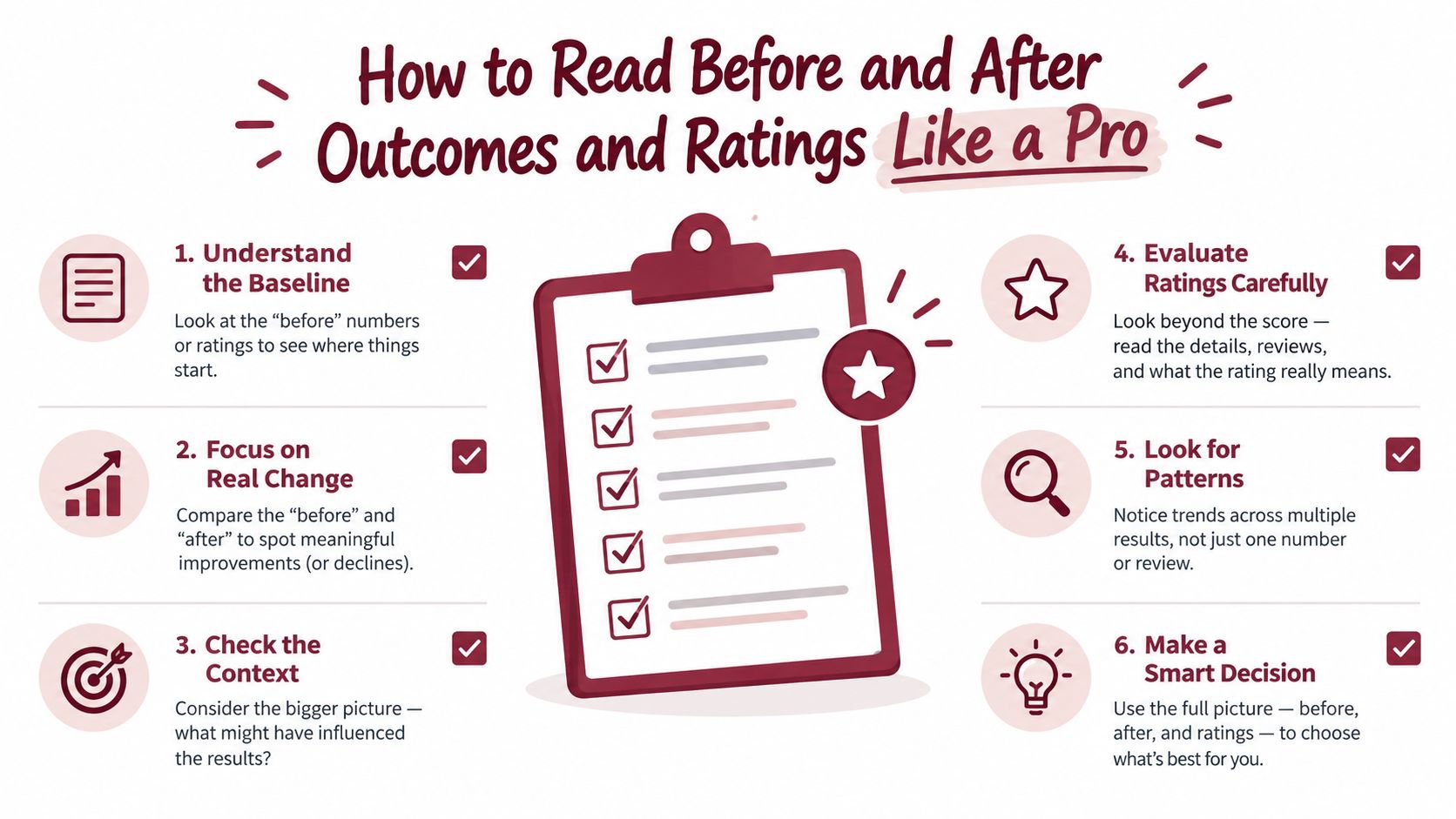 An infographic titled How to Read Before and After Outcomes and Ratings Like a Pro with six steps.